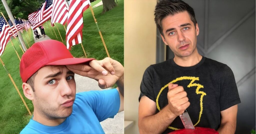 A person holds a knife stuck in a red-frosted cake.