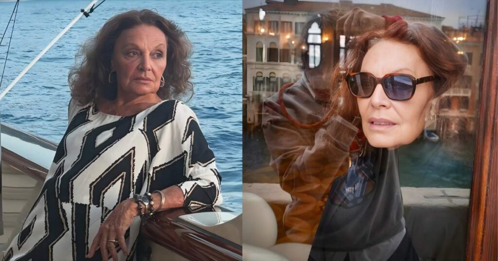 A person in a black and white patterned dress leans on a boat railing with the ocean in the background.