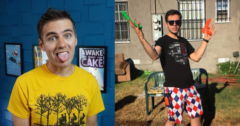 A person in a yellow t-shirt with a tree and bicycle design sticks their tongue out playfully in front of a blue brick wall. A poster that reads AWAKE AND READY FOR CAKE is visible behind them.