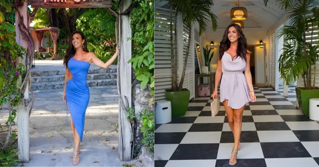 A person stands in an entryway under a sign that reads Pink Sands, surrounded by lush greenery.