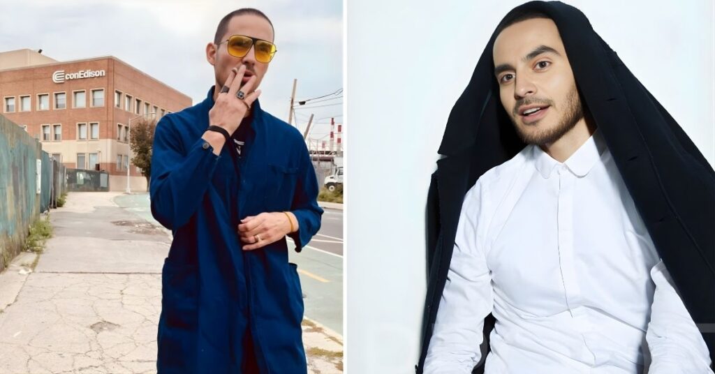 A person wearing a blue jacket and yellow sunglasses stands in front of a Con Edison building. They are holding a cigarette to their lips.