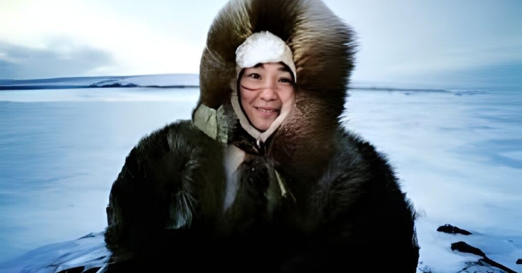 A person wearing a fur-lined hood and coat smiles in a snowy, icy landscape.