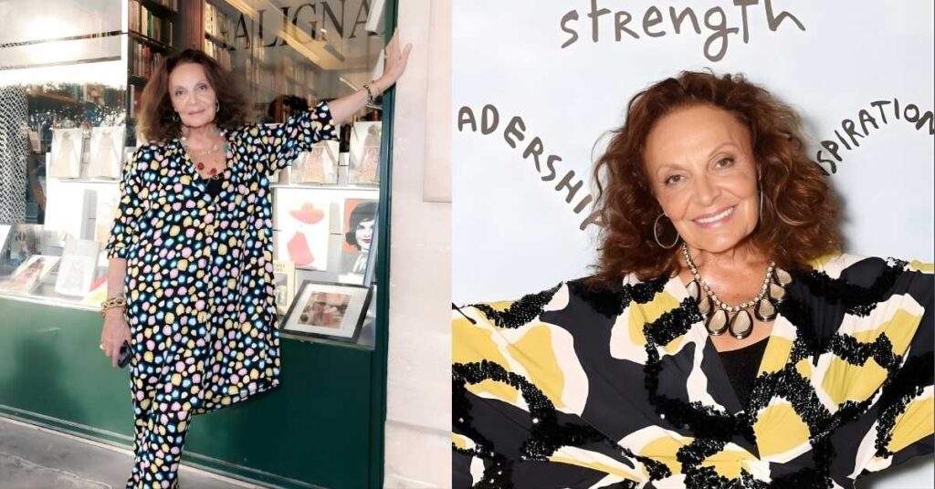 A woman with curly brown hair smiles at the camera, wearing a black, yellow, and white patterned dress with a sequined neckline and a statement necklace. Words like strength, leadership, and inspi