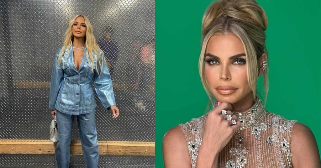 Alexia Echevarria in jeweled sheer dress poses with hand near chin