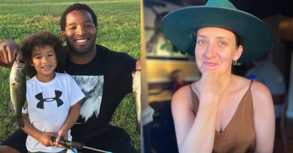 Alfred Morris and his son proudly display two caught fish in a grassy field.