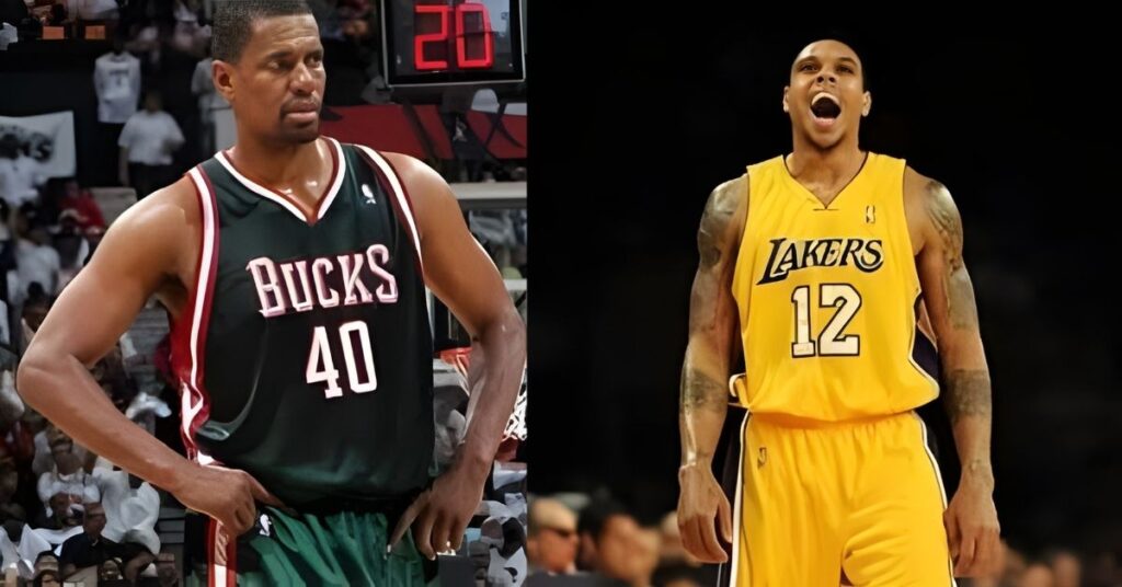 Basketball player in a yellow Lakers jersey with the number 12, mouth open.