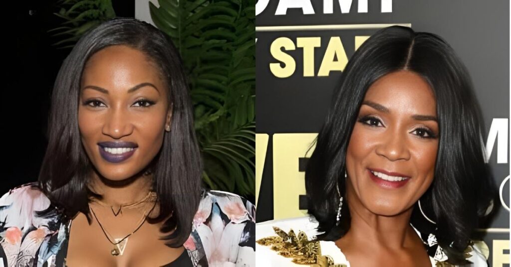 Close-up portrait of a woman with dark, wavy hair and a bright smile, wearing a white and gold patterned top.