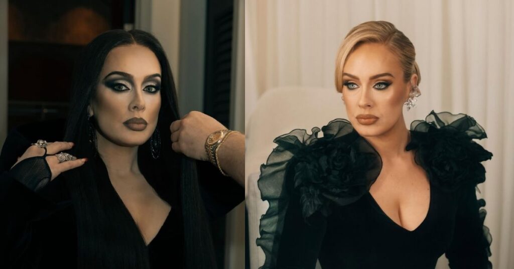 Adele, with long dark hair and dramatic makeup, wearing a black outfit and multiple rings, has their hair styled by someone wearing a gold watch.
