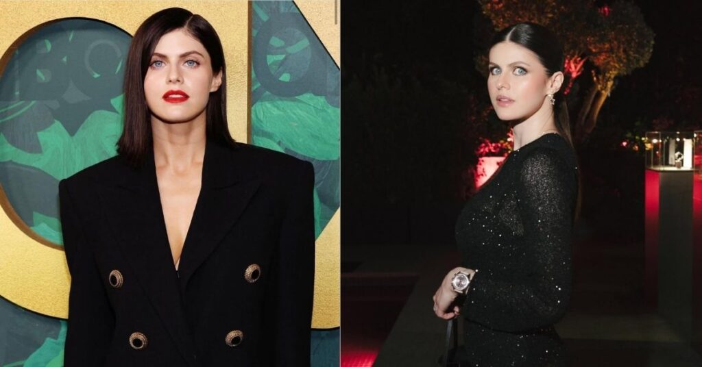 Alaxandra Daddrio, in a sparkling black dress with a handbag and a large watch on their left wrist, standing outdoors at night with red lighting in the background.