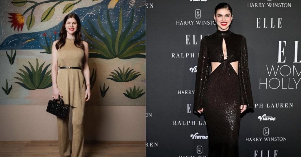 Alexandra Daddario, wearing a dark, sparkling dress with cutouts on the sides and a high neckline, stands in front of a dark backdrop with various logos, including ELLE and Harry Winston.