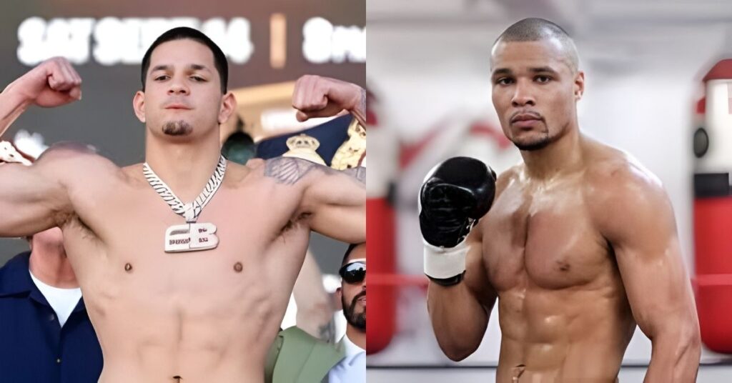 Amado Vargas wearing black gloves stands in a boxing ring with punching bags in the background.