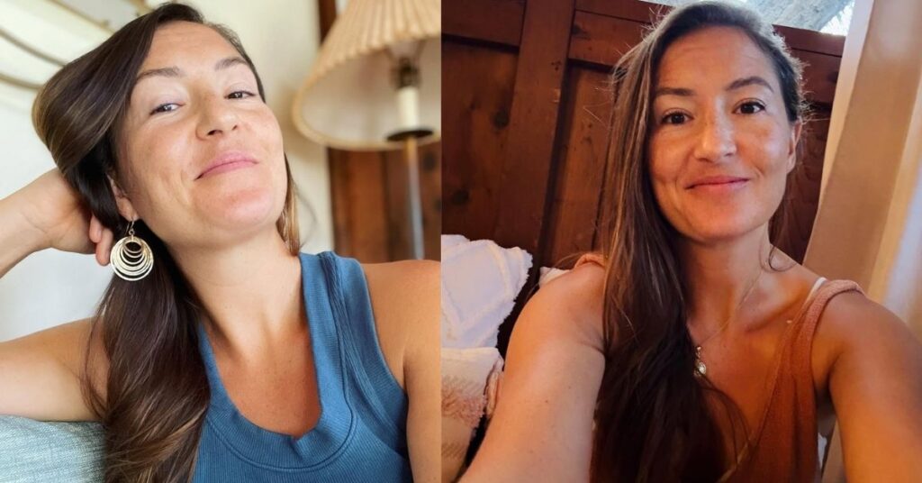 Amanda Eller, with long brown hair wearing a blue tank top and hoop earrings, is resting their head on their hand. A lamp is visible in the background.