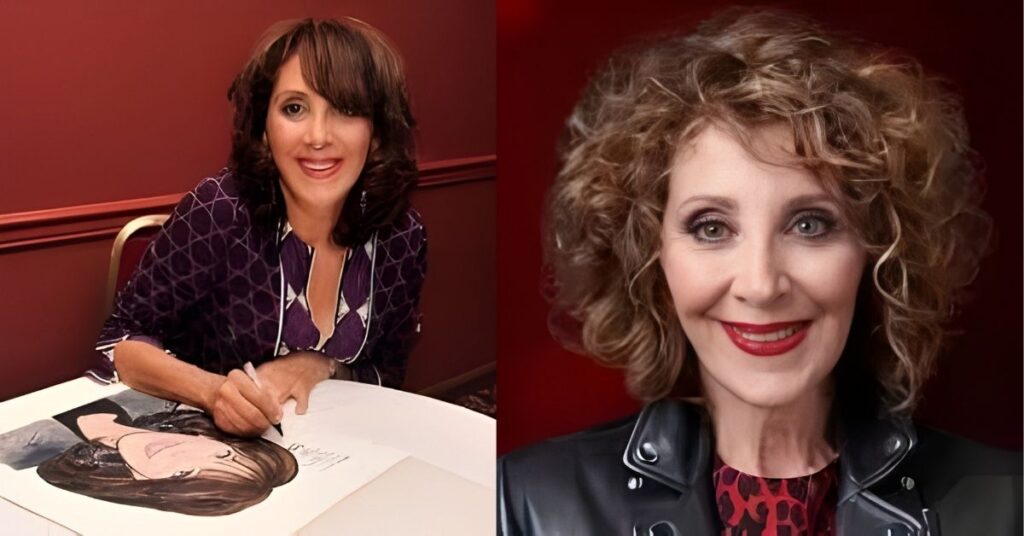 Andrea Martin, in a purple patterned top, signs a drawing of a woman's face.