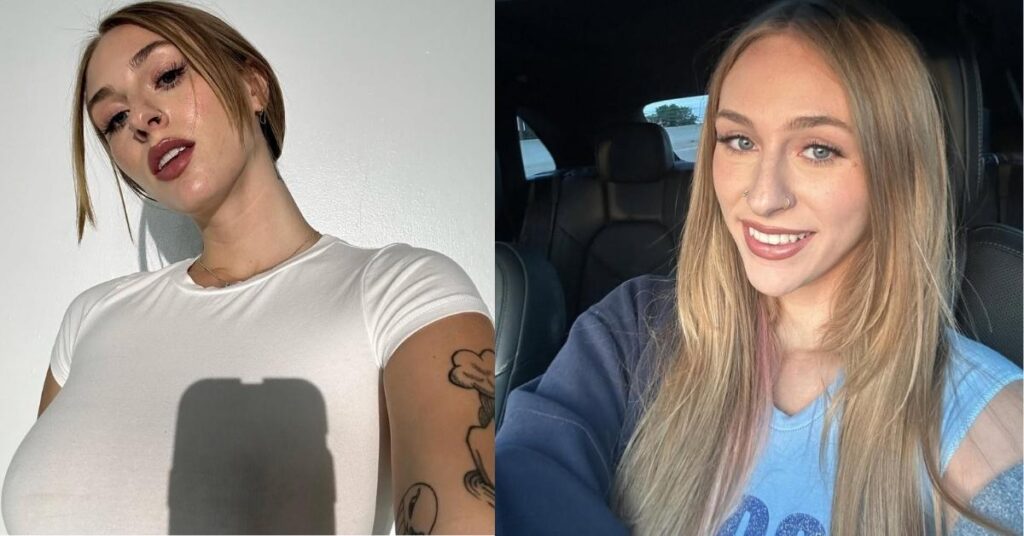 Angel Youngs, wearing a white t-shirt with a shadow cast on their chest. She has juicy tits.