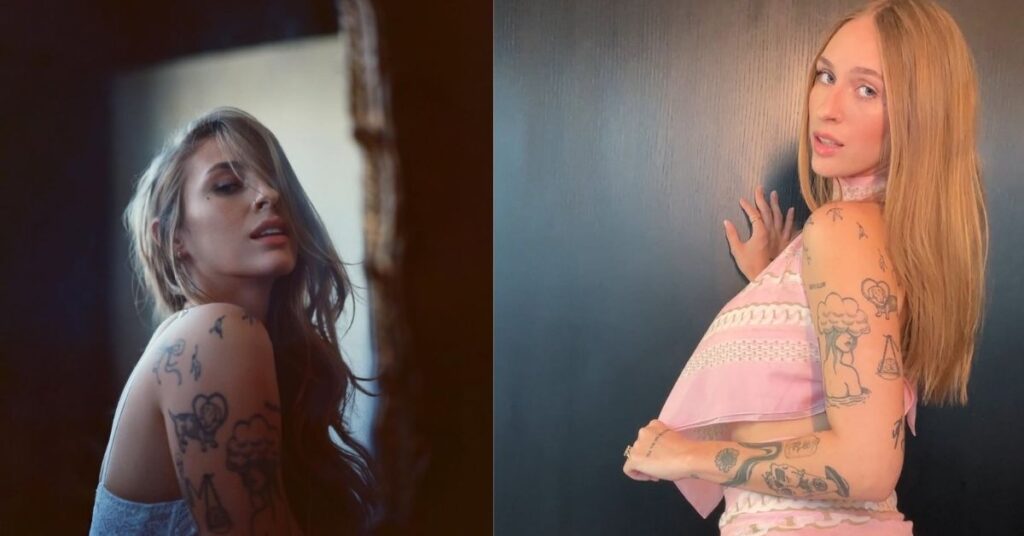 Angel Youngs with long blonde hair wearing a pink halter top and skirt with a chain link pattern. She has juicy tits.