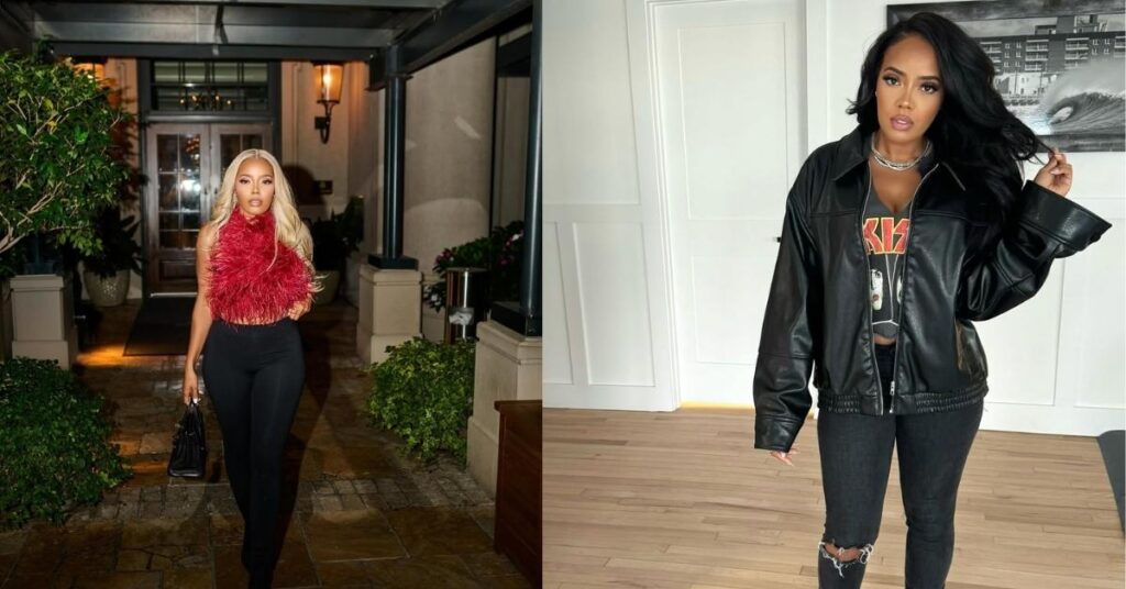 Angela Simmons stands in a room wearing a black leather jacket over a graphic t-shirt, ripped black jeans, and sparkly ankle boots.