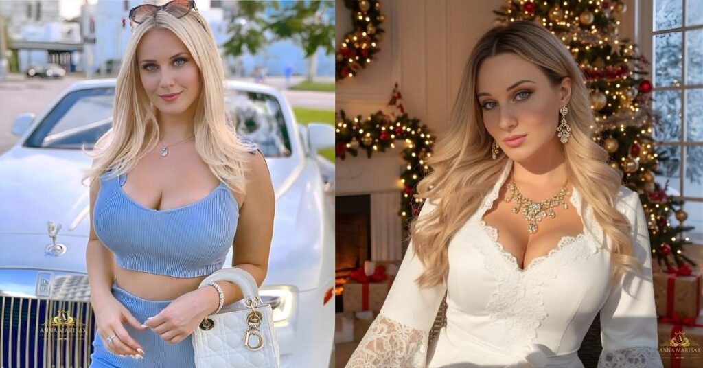 Anna Marisax, in a blue ribbed crop top and shorts, stands in front of a white luxury car, holding a white handbag.