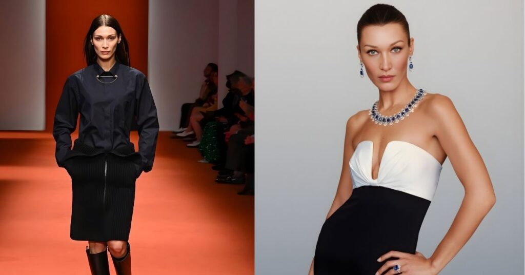 Bella Hadid poses in a strapless black and white gown, adorned with a striking sapphire and diamond necklace, matching earrings, and a large sapphire ring.