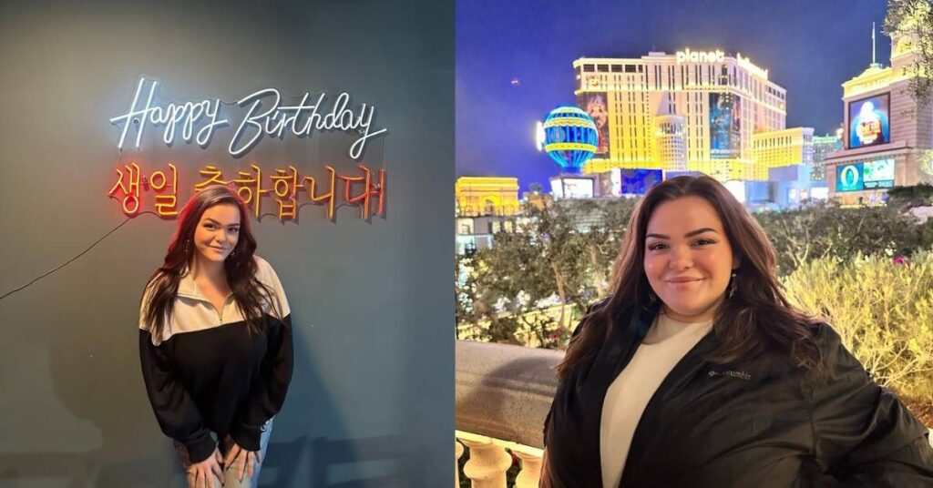 Bonnie Chapman stands in front of a gray wall with neon signs that say Happy Birthday in English.