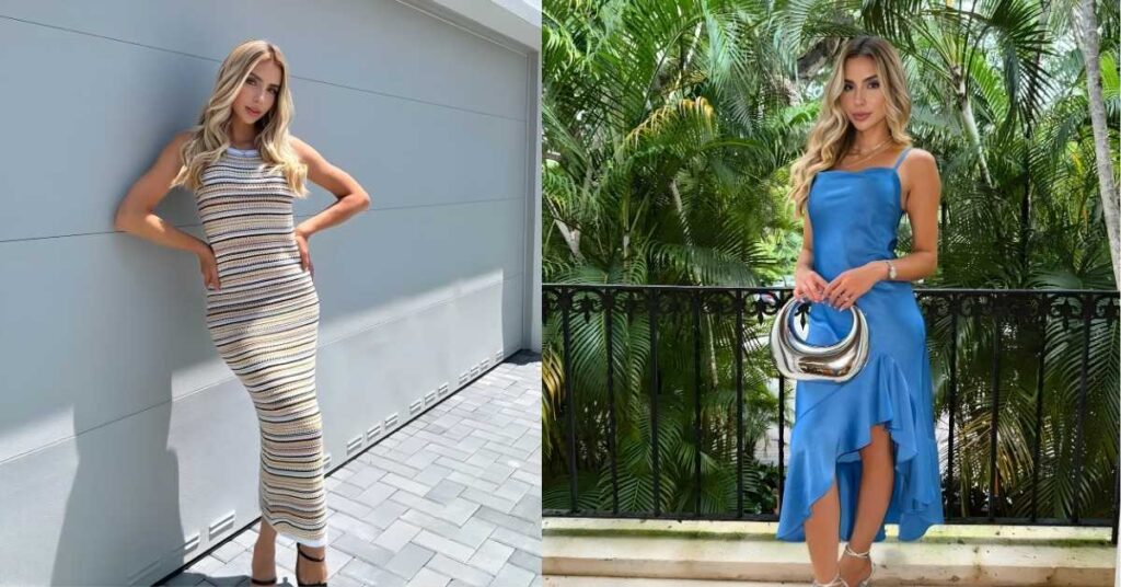 Bruna Lima leans against a gray wall, wearing a long, sleeveless, striped knit dress in shades of white, yellow, and black, with black high-heeled sandals.