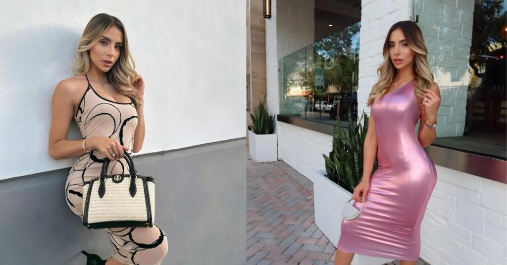Bruna Lima, wearing a fitted, light-colored dress with a black swirl pattern, holding a woven straw handbag with black leather trim.