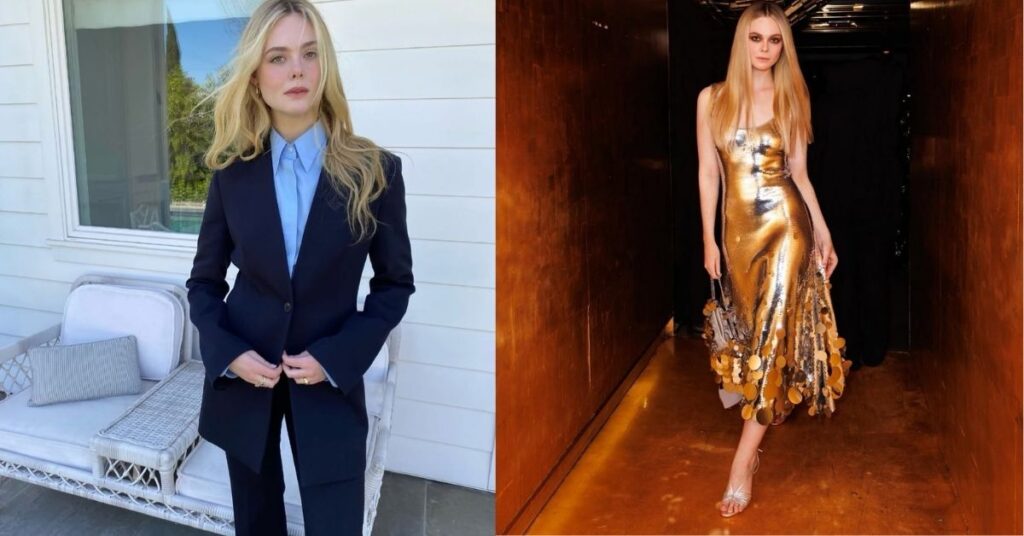 Elle Fanning walks down a hallway with gold walls, wearing a shimmering gold sequined dress with a fishtail hem and a small silver purse.