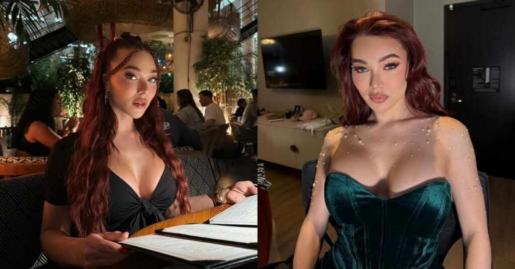 Emma Rose is wearing a dark green velvet corset dress adorned with small pearls on the sheer neckline and sleeves.