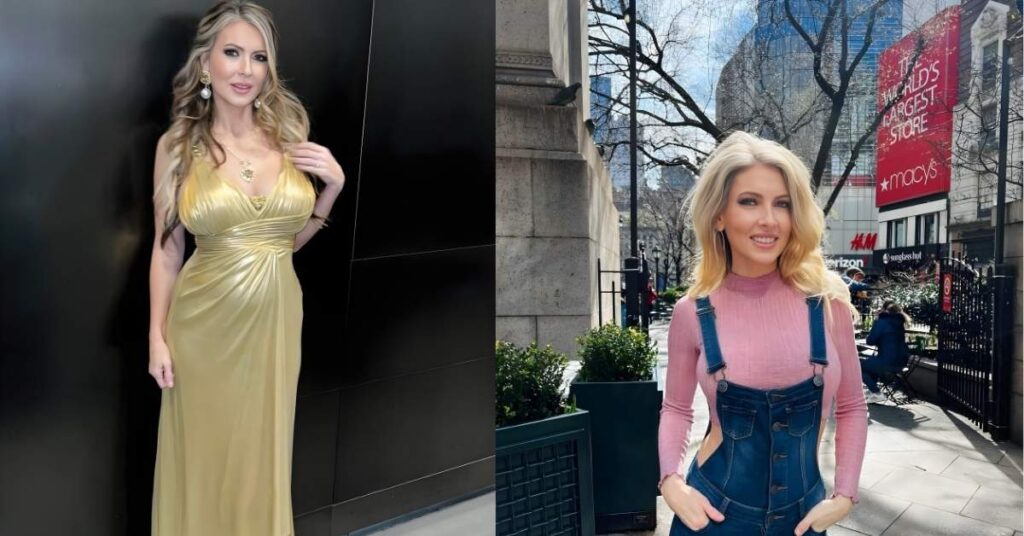 Gigi Dior stands in a shimmering gold, floor-length gown with a plunging neckline and draped detailing.