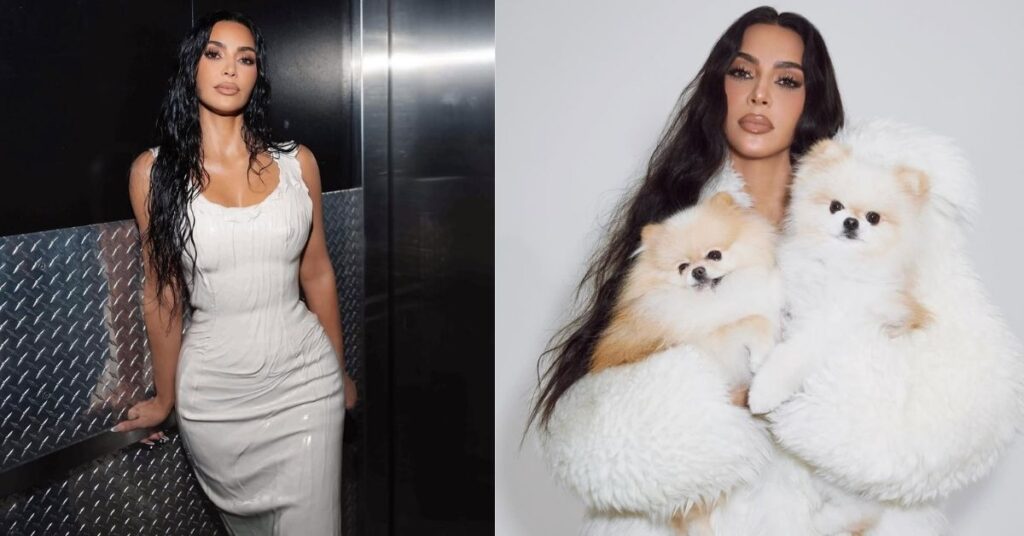 Kim Kardashian, in a white fluffy coat, holds two Pomeranian dogs, one light tan and one white.