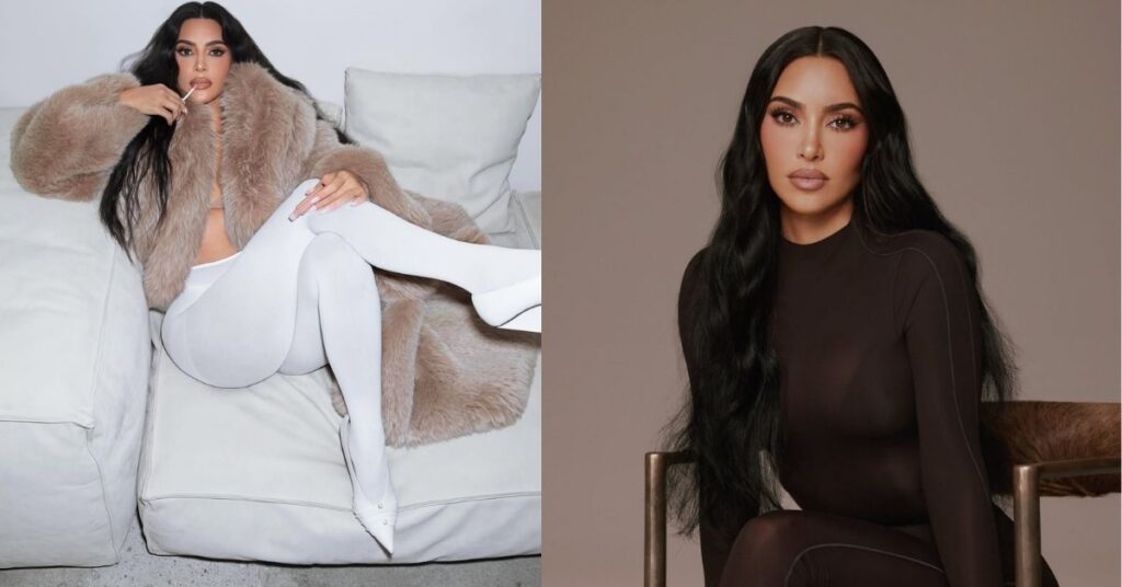 Kim Kardashian, with long, dark, wavy hair, sits on a furry chair wearing a dark brown, form-fitting jumpsuit.