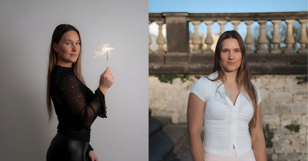 Lisa Buckwitz stands in front of a stone wall and balustrade, wearing a white ruched top and light pink pants.