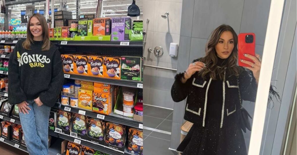 Lisa Stelly stands in a store aisle, wearing a black sweater with Wonka Bar in yellow and blue jeans.
