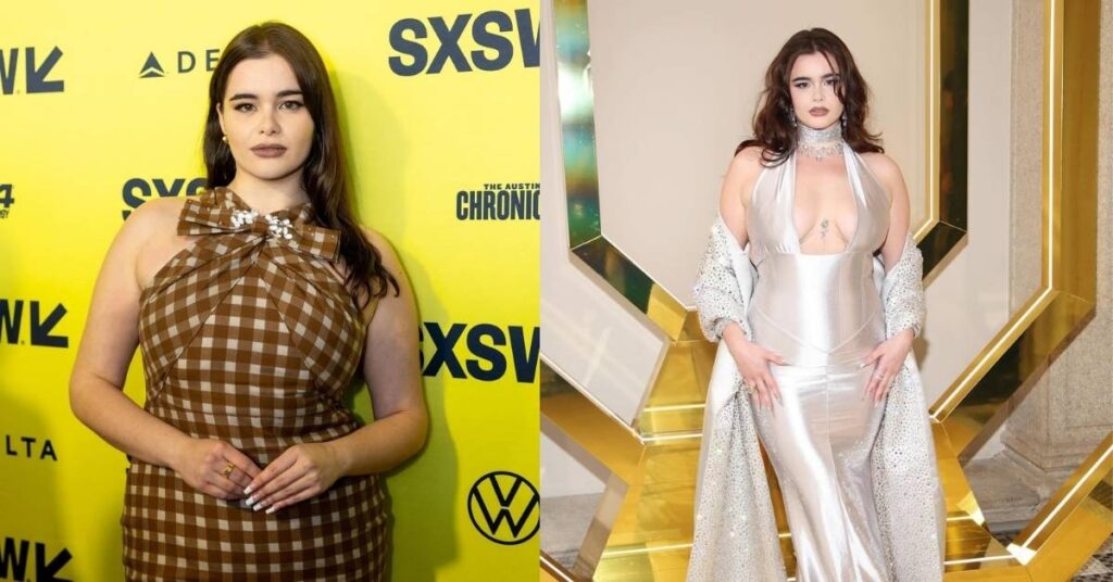 Barbie Ferreira, in a shimmering silver halter gown with a deep neckline and a matching shawl adorned with rhinestones.