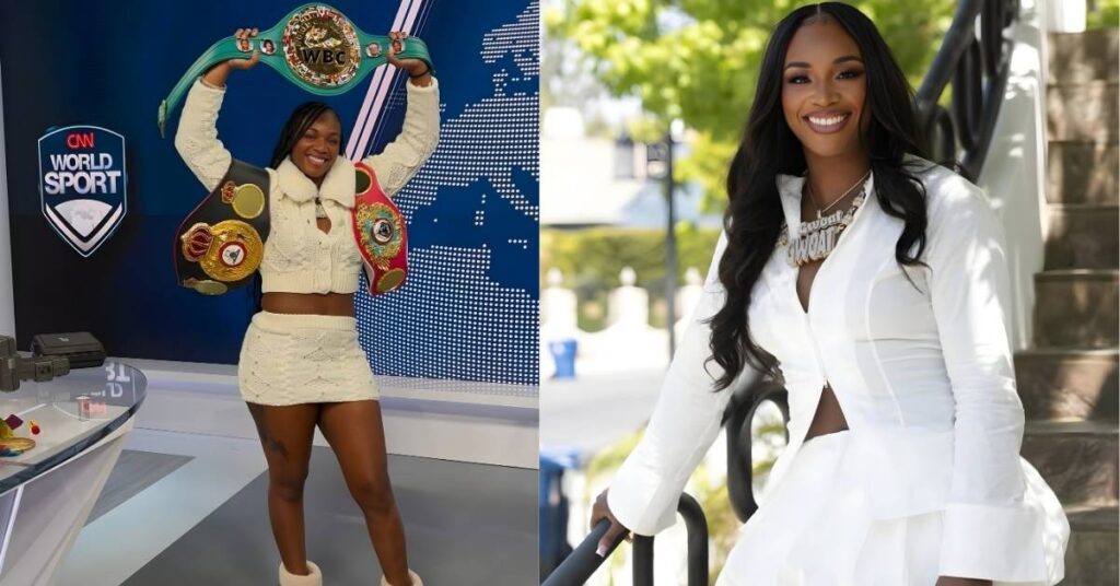 Claressa Shields, in a white shirt and skirt, stands on a staircase railing outside.