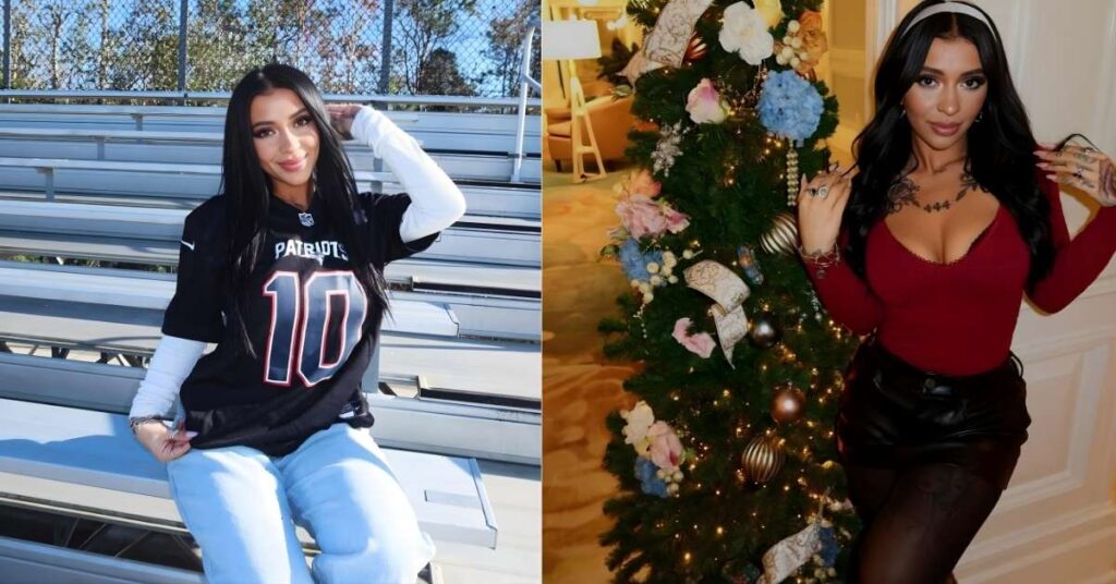 Danielle Cohn, wearing a black New England Patriots jersey with the number 10 on it, is sitting on bleachers outdoors.