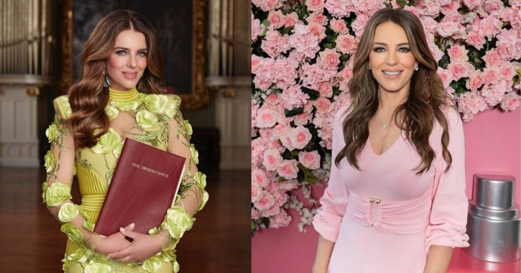 Elizabeth Hurly, in a pink dress, stands in front of a floral display and a large perfume bottle prop.