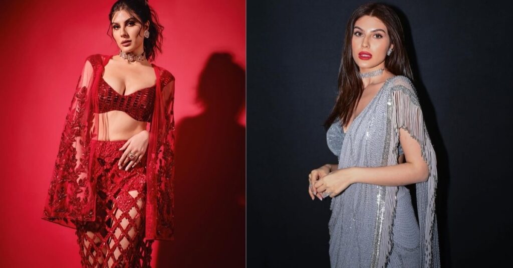 Elnaaz Norouzi, wearing a sparkling gray saree with fringe details on the sleeves and a matching choker necklace, stands against a dark background.