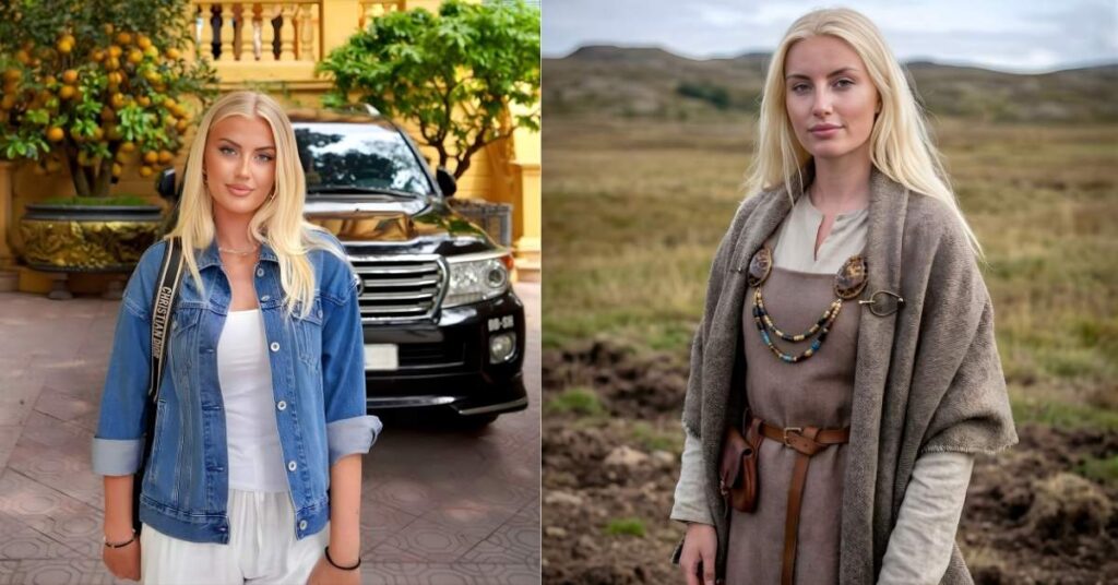 Elsa Thora, in a brown and tan medieval-style dress with fur trim and lace-up detailing, stands in a field of dry grass.
