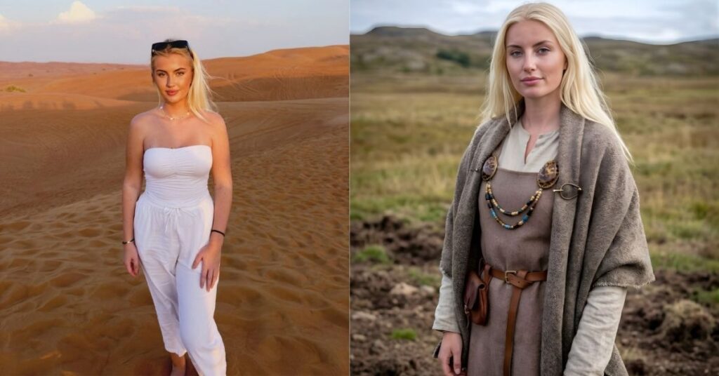Elsa Thora stands in the desert wearing a white strapless top and white pants, with dunes stretching out behind them under a pale blue sky.