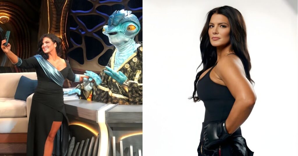 Gina Carano is taking a fighter posing with boxing gloves and camouflage shorts on a white background.