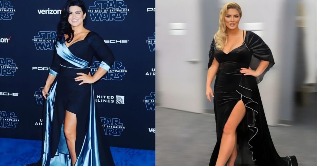 Gina Carano, wearing a black velvet gown with a high slit and ruffled trim, stands with one hand on their hip.