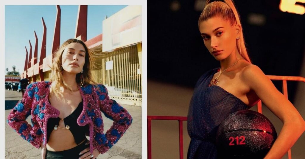 Hailey Bieber, with a high blonde ponytail, wears a shimmering blue one-shoulder dress and holds a black basketball with 212.