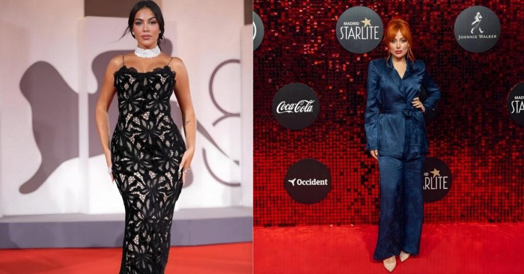 Ivana Rodríguez, with red hair wearing a blue satin pantsuit, stands on a red carpet in front of a backdrop with the Madrid Starlite logo and sponsor logos.