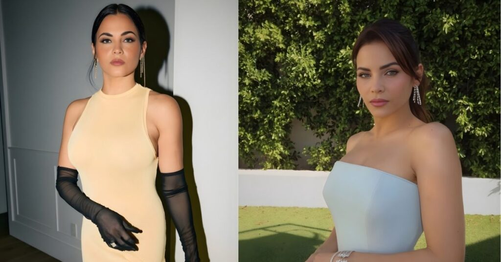 Jenna Dewan, in a light blue strapless dress with diamond earrings and bracelets, stands outdoors with a green wall of ivy and grass behind them.