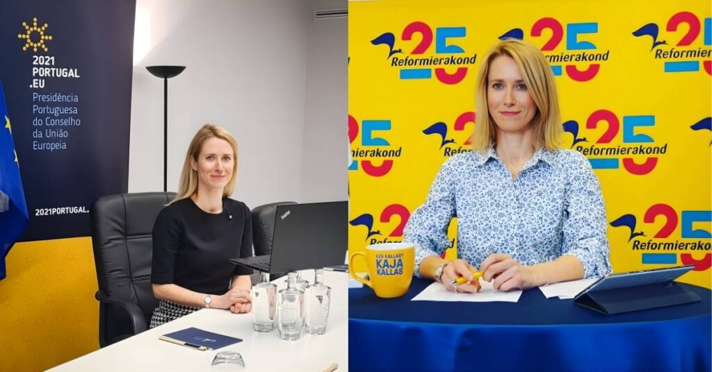 Kaja Kallas, in a black dress, sits at a table with a laptop in front of her. Behind her is a banner that says 2021 PORTUGAL.