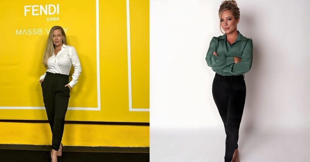 Kendra Wilkinson, with arms crossed, wears a green satin blouse and black skinny jeans against a white backdrop.