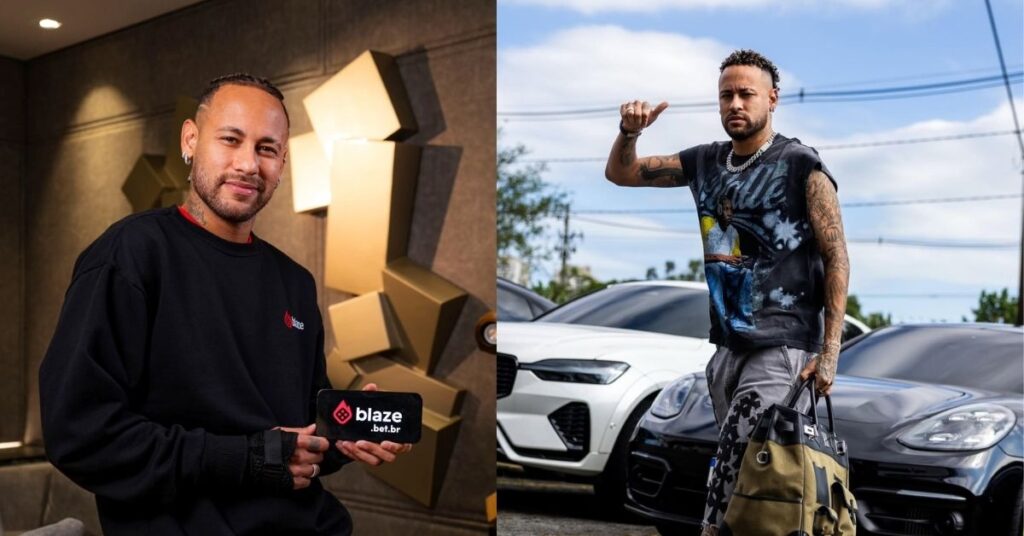 Neymar Jr in a black sweatshirt holds up a smartphone displaying the Blaze .bet.br logo.