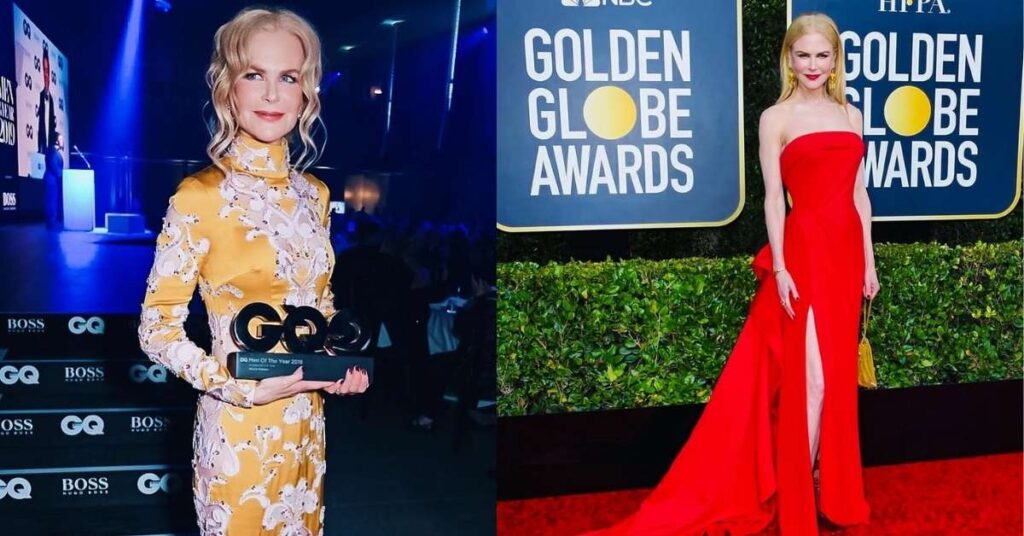 Nicole Kidman in a strapless red gown with a high slit and a long train stands on a red carpet in front of a Golden Globe Awards backdrop.