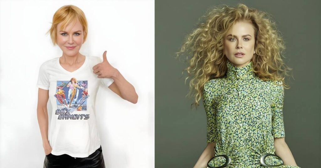 Nicole Kidman in a white t-shirt with a BMX Bandits graphic on it, giving a thumbs up.