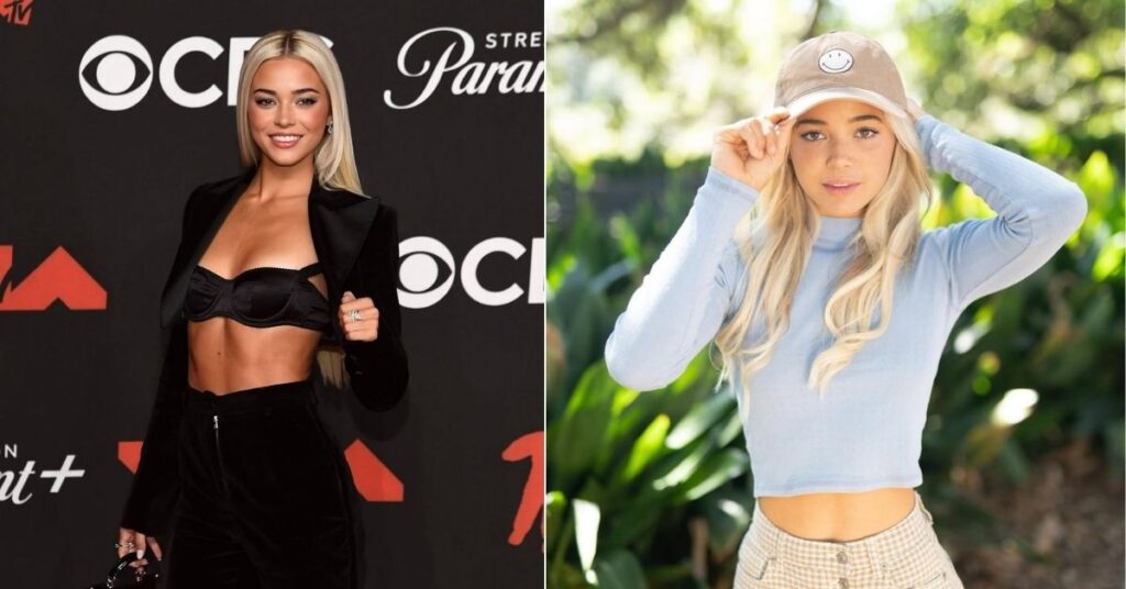 Olivia Dunne, wearing a light blue long-sleeved shirt, tan plaid shorts, and a tan baseball cap with a smiley face logo.